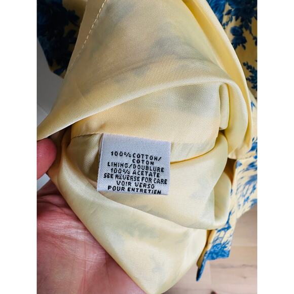 Vintage 90s Toile Print summer Dress Sheath Blue Yellow Size Medium Knee Demure - Picture 5 of 9